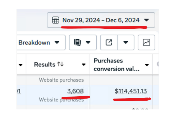 Ads Manager: 3.608 compras y 114.451 $ entre el 29 nov y el 6 dic